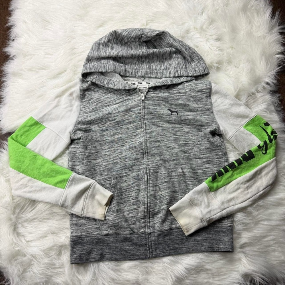 VS PINK Gray Zip-Up Hoodie with Green Accents